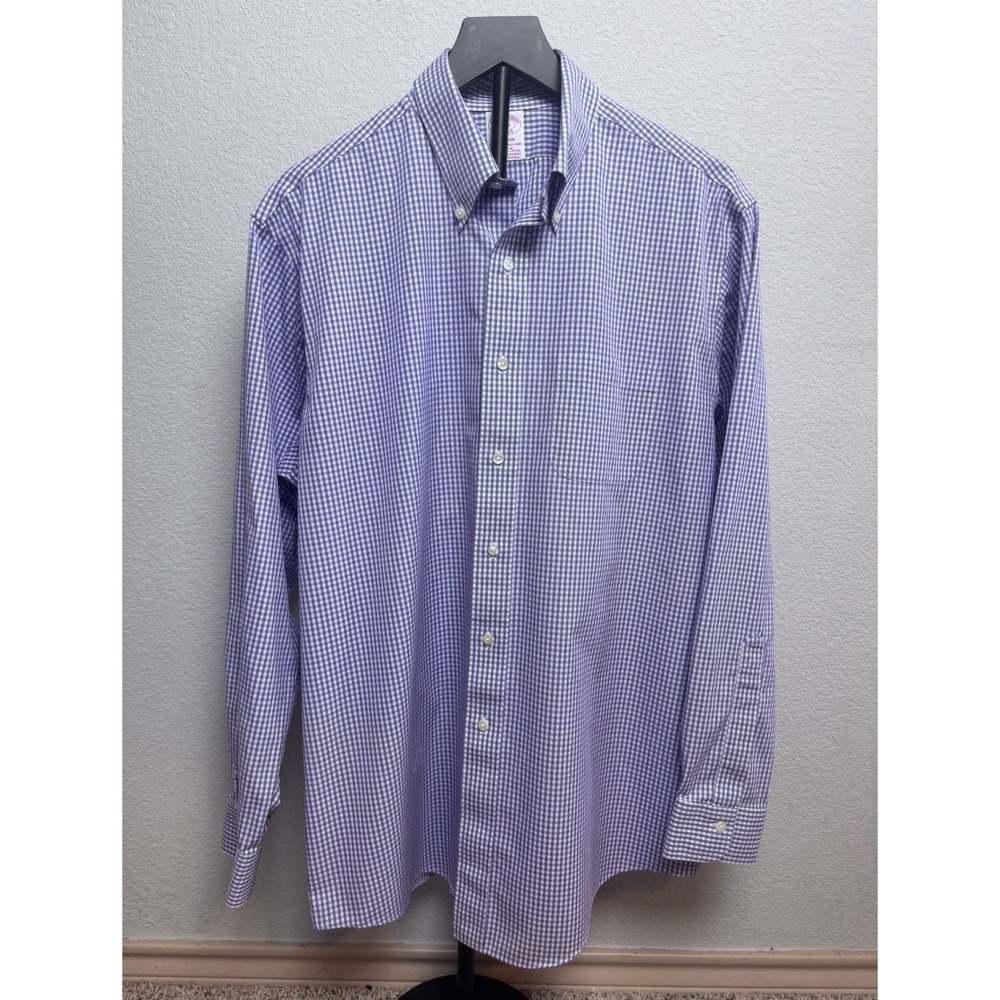 Brooks Brothers Madison Non-Iron Gingham Shirt Purple‎ White 16-35 Supima Cotton